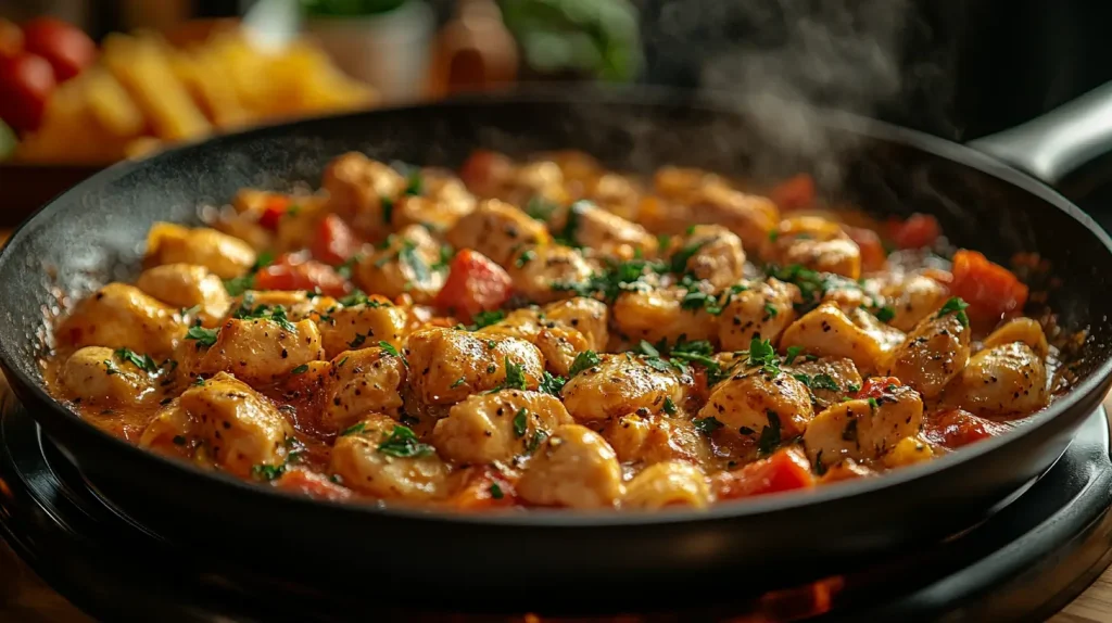 A vibrant kitchen scene showcasing the cooking process of Marry Me Chicken Pasta: a skillet with sautéed chicken in a creamy sauce, fresh herbs sprinkled on top, pasta swirling in the background, colorful vegetables, and steam rising, warm lighting creating a cozy atmosphere.