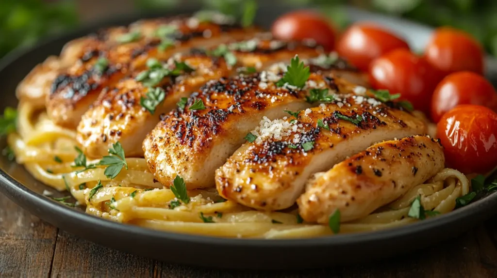 A beautifully presented plate of Marry Me Chicken Pasta, featuring tender chicken breasts coated in a creamy garlic sauce, twirled around perfectly cooked fettuccine, garnished with fresh parsley and grated Parmesan cheese, surrounded by cherry tomatoes and a hint of basil, set on a rustic wooden table with soft natural lighting.