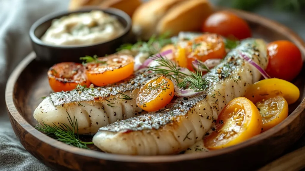 A beautifully arranged plate of Matjes herring, featuring tender marinated fish fillets, garnished with fresh dill, sliced onions, and colorful tomatoes. The dish is served on a wooden platter alongside crisp rolls and a small bowl of creamy sauce, evoking a traditional German dining experience. Soft natural lighting enhances the freshness of the ingredients, with a rustic table setting in the background.