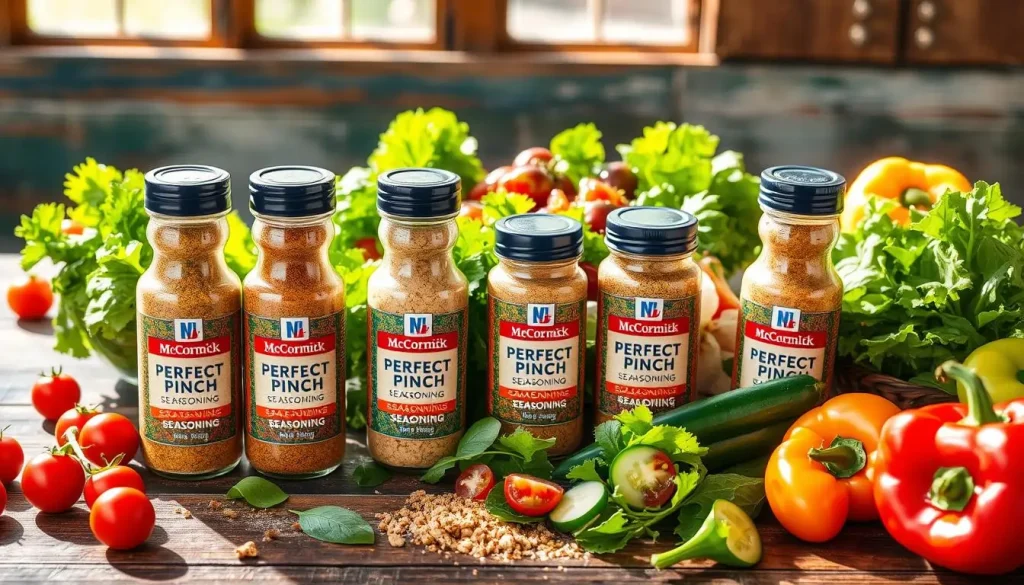A vibrant, visually appealing arrangement of McCormick Perfect Pinch Seasoning jars displayed on a rustic wooden table, surrounded by fresh, colorful salad ingredients like leafy greens, cherry tomatoes, cucumbers, and bell peppers, enhanced by natural sunlight streaming in, emphasizing the freshness and vitality of the ingredients.
