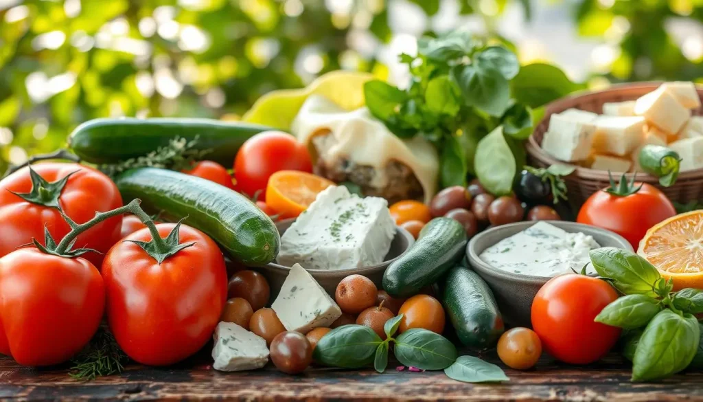 Vibrant assortment of fresh Mediterranean produce, featuring ripe tomatoes, cucumbers, olives, feta cheese, and herbs like oregano and basil, arranged artistically on a rustic wooden table, with a backdrop of sunlight filtering through leaves.