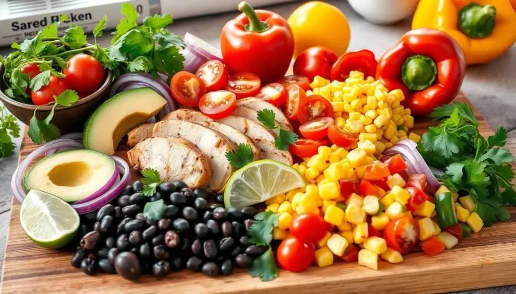 A vibrant arrangement of fresh ingredients for a Mexican chicken salad, featuring grilled chicken breast slices, diced avocado, cherry tomatoes, red onion rings, black beans, corn kernels, cilantro sprigs, lime wedges, and a colorful array of bell peppers on a wooden cutting board. The background includes a rustic kitchen setting with natural light.