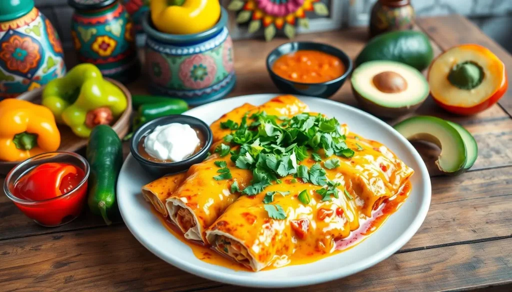 A vibrant plate of cheesy chicken enchiladas topped with fresh green cilantro, served with a side of zesty salsa and sour cream, surrounded by colorful bell peppers and avocado slices, on a rustic wooden table with traditional Mexican decorations in the background.
