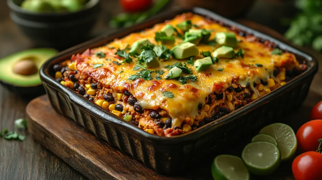 A vibrant, layered taco casserole showcasing colorful ingredients. The dish features a golden-brown top layer of melted cheese, with visible layers of seasoned ground beef, black beans, corn, diced tomatoes, and green onions. The casserole is served in a rustic baking dish, surrounded by fresh cilantro and slices of avocado. A warm, inviting kitchen setting enhances the deliciousness of this Mexican-inspired meal.