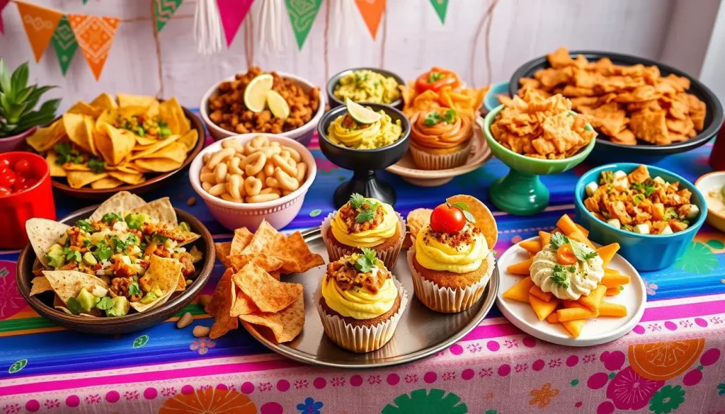A vibrant display of various Mexican-inspired party snacks through time, featuring traditional dishes like tacos and guacamole evolving into modern twists like taco cupcakes and nacho platters, set on a colorful fiesta-themed table, with each snack elegantly presented, showcasing ingredients, textures, and cultural influences, surrounded by festive decorations.