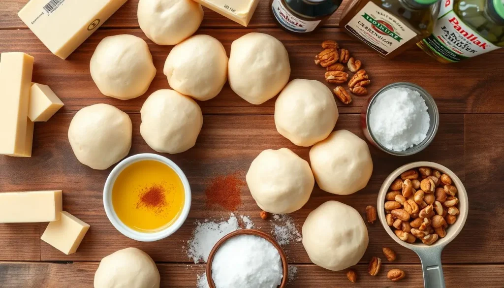 A beautiful flat lay of monkey bread ingredients on a rustic wooden table: fluffy dough balls, melted butter in a small bowl, a sprinkle of cinnamon, granulated sugar in a measuring cup, and a handful of chopped nuts, surrounded by fresh ingredients like butter sticks, brown sugar, and vanilla extract bottles, softly lit with natural light for an inviting feel.