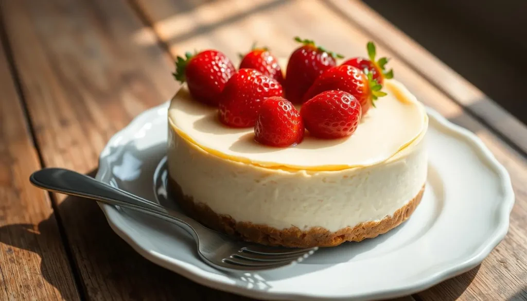 A beautifully presented New York-style cheesecake with a smooth, creamy texture, topped with vibrant red strawberries glistening with a light glaze, set on a rustic wooden table, softly lit by natural sunlight, with a delicate porcelain plate and a fork beside it.