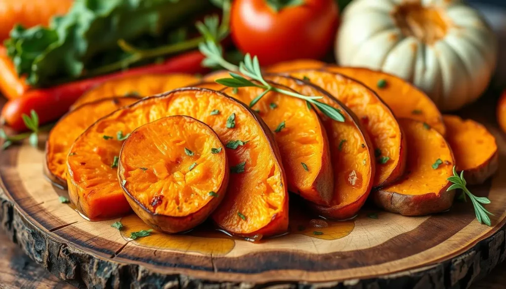 Vibrant, baked sweet potato slices displayed on a rustic wooden plate, drizzled with a hint of olive oil, garnished with fresh herbs, surrounded by colorful vegetables, warm lighting enhancing their golden-brown texture.