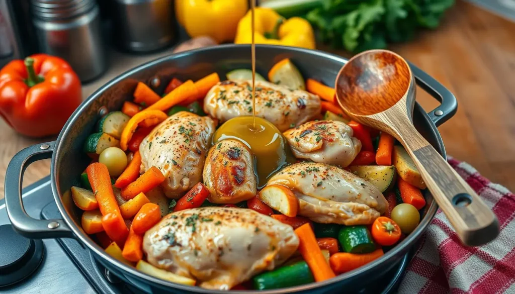 A vibrant and colorful one-pan chicken dinner preparation scene, featuring seasoned chicken pieces surrounded by a medley of fresh vegetables like bell peppers, carrots, and zucchini, all arranged in a large skillet. Include olive oil drizzling over the ingredients, herbs scattered on top for flavor, and a wooden spoon resting next to the pan. The background shows a cozy kitchen ambiance with warm lighting.