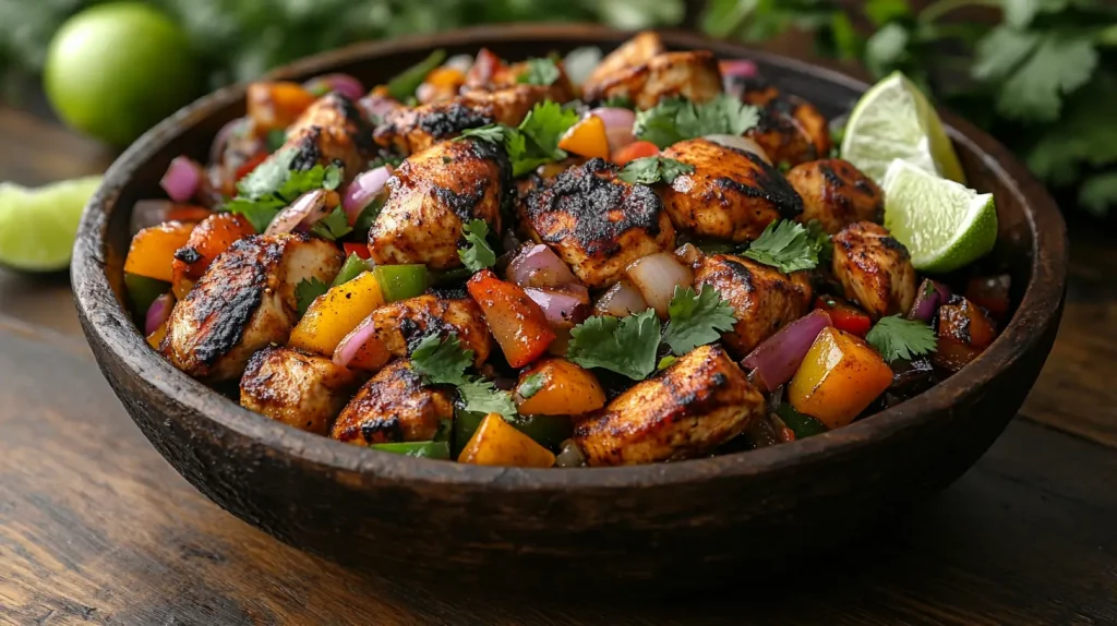 A vibrant one-pan dish featuring succulent chicken breasts, colorful bell peppers, zesty onions, and fresh cilantro, all cooked together. The scene showcases the rich colors of spices and ingredients mingled harmoniously in a glossy pan, garnished with lime wedges and served on a rustic wooden table, with a hint of steam rising from the hot meal.