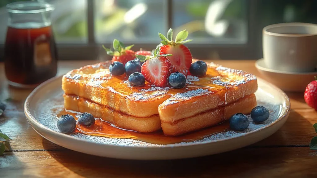 A plate of sourdough French toast topped with fresh berries, maple syrup, and powdered sugar, served with coffee and syrup on a breakfast table.