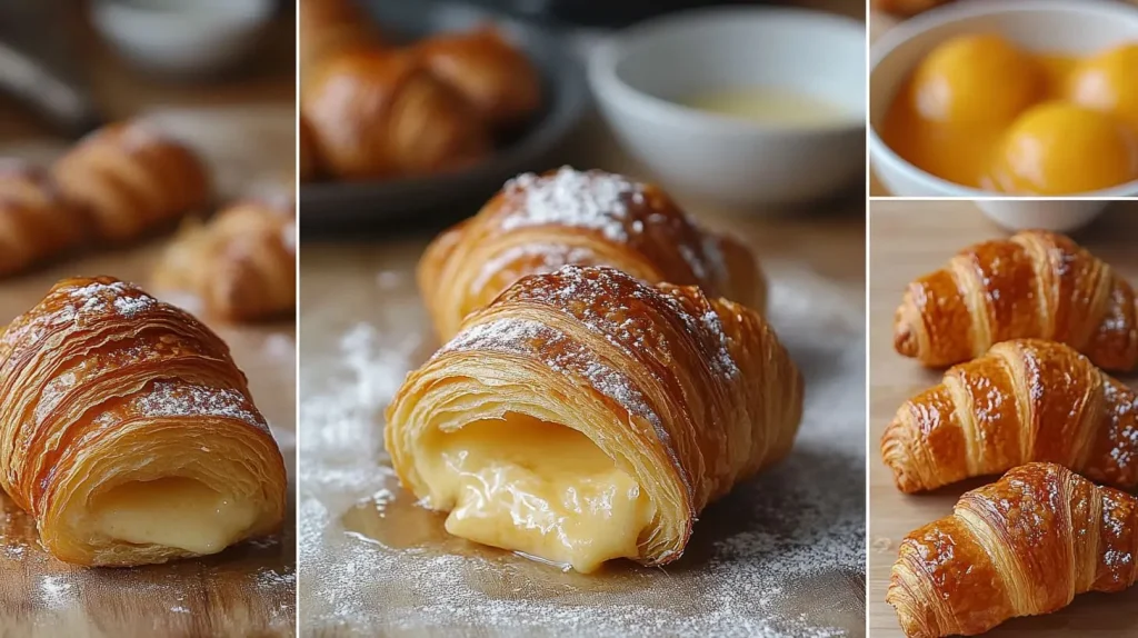 Collage showing preparation steps for croissant French toast: slicing croissants, whisking custard, dipping croissants, and frying.