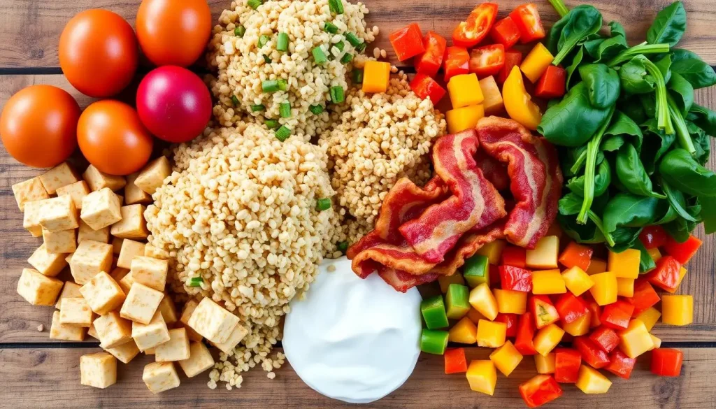 A colorful assortment of protein sources for a breakfast scramble, featuring vibrant eggs in various colors, diced tofu, cooked quinoa, crispy bacon strips, sautéed spinach, and diced bell peppers on a rustic wooden table, with natural light illuminating the ingredients.