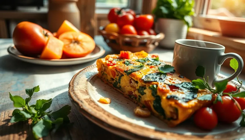 A vibrant, colorful breakfast scene featuring a delicious chicken frittata loaded with vegetables like bell peppers, spinach, and tomatoes, garnished with fresh herbs. The frittata is served on a rustic plate alongside a side of mixed fruit and a steaming cup of coffee, with sunlight streaming through a window, creating a warm and inviting atmosphere in a cozy kitchen setting.