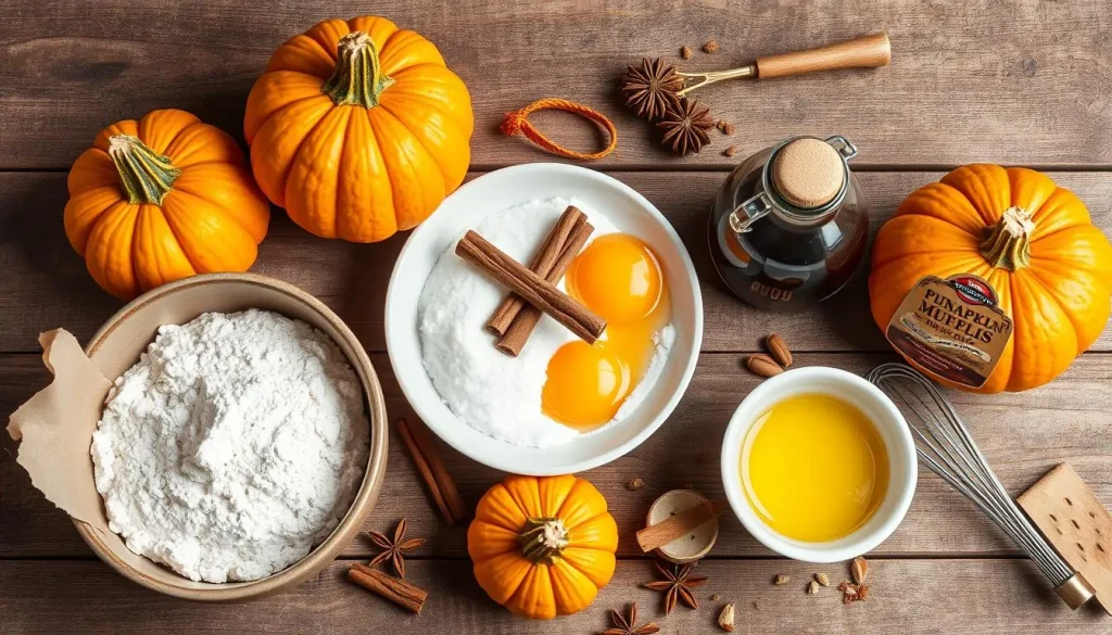 A visually appealing arrangement of pumpkin muffin ingredients on a rustic wooden table, featuring fresh pumpkins, a bowl of flour, sugar, eggs, cinnamon sticks, nutmeg, baking soda, and a jar of maple syrup, complemented by scattered spices and a vintage whisk for a cozy autumn atmosphere.