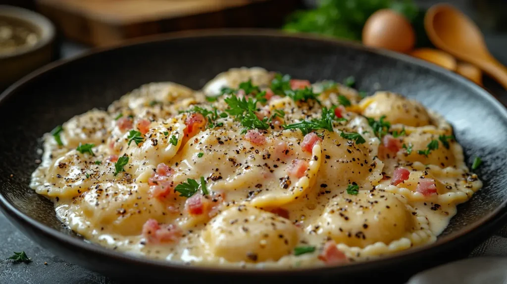 A plate of ravioli carbonara, showcasing delicate homemade ravioli filled with rich cheese and herbs, topped with a creamy sauce made from pancetta, egg yolk, and Parmesan cheese, garnished with freshly cracked black pepper and parsley, set against a rustic Italian kitchen backdrop with wooden utensils and fresh ingredients in the scene.