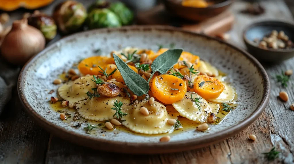 A beautifully arranged wooden table featuring various sauces ideal for butternut squash ravioli. Include vibrant colors and textures of creamy sage butter, rich marinara, and nutty brown butter garnished with crispy sage. Surround the sauces with fresh herbs, roasted butternut squash pieces, and sprinkled parmesan cheese, creating a warm and inviting culinary atmosphere. Soft natural lighting enhances the appetizing presentation, capturing the essence of Italian cuisine.