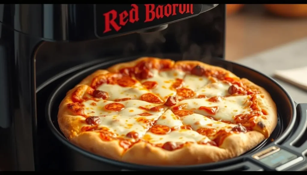 A delicious Red Baron pizza placed inside a modern air fryer, showcasing the crispy golden crust and melted cheese, with the air fryer basket slightly open, a warm kitchen setting in the background, steam rising from the pizza, emphasizing a mouthwatering appeal.