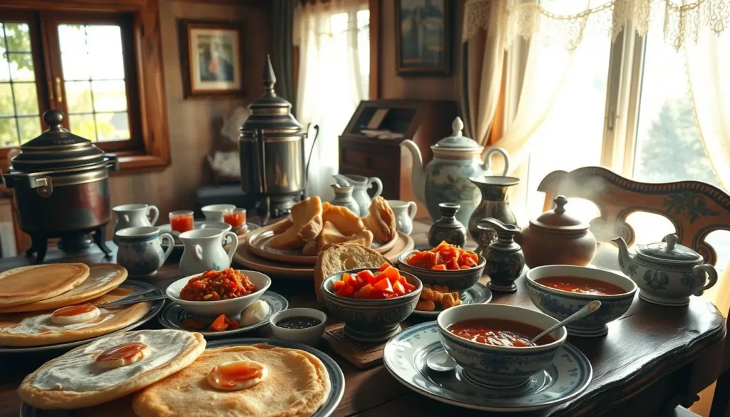 A traditional Russian breakfast scene featuring a rustic wooden table laden with a variety of hearty dishes: fluffy pancakes, sour cream, caviar, fresh bread, pickled vegetables, and steaming bowls of borscht. Surrounding the table are traditional Russian tea samovars and ornate ceramic dishware, with warm sunlight streaming in through a window adorned with lace curtains. The atmosphere is cozy and inviting, showcasing the rich cultural heritage of Russian morning meals.