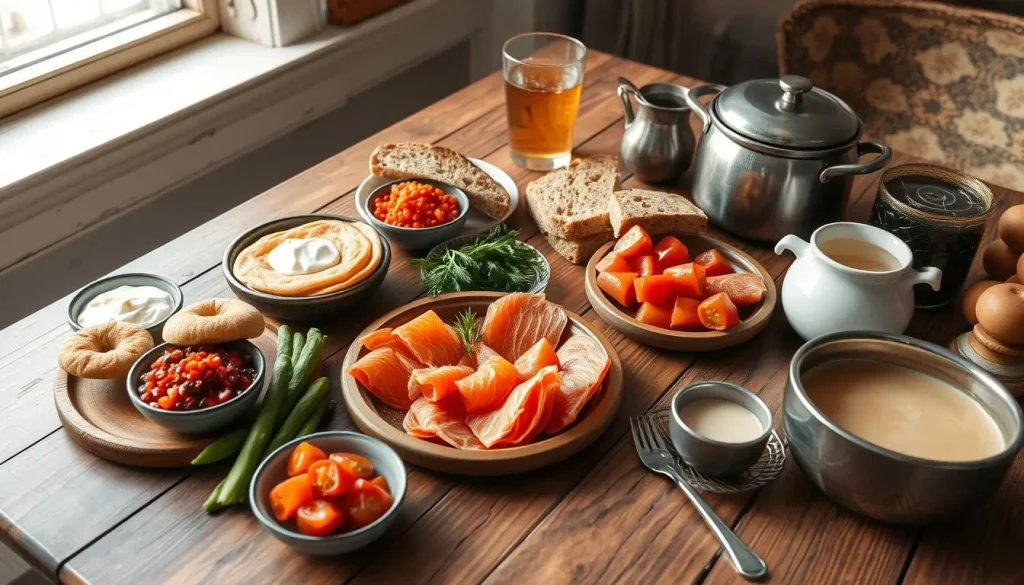 A rustic wooden table set with an array of traditional Russian breakfast ingredients, showcasing blini pancakes, bowls of sour cream and caviar, slices of smoked salmon, hearty rye bread, fresh cucumbers and tomatoes, a glass of kvass, and a steaming pot of porridge. Natural light streaming in from a nearby window, highlighting the rich textures and vibrant colors of the food.