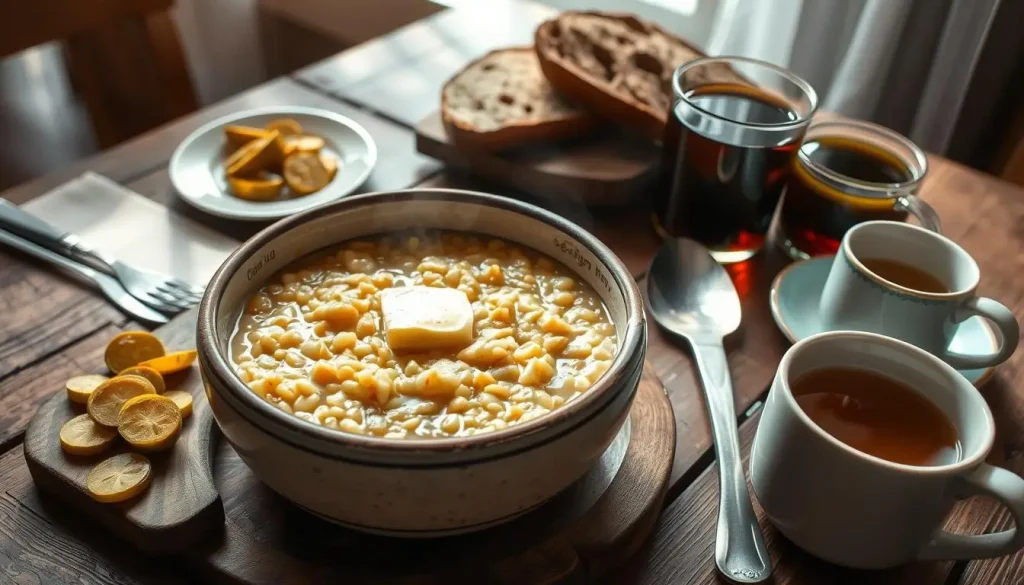 A rustic wooden table set for breakfast featuring a steaming bowl of creamy kasha topped with a dollop of fresh butter, surrounded by traditional Russian accompaniments like sliced pickles, warm black bread, and a cup of herbal tea. Soft morning light filtering through a window casts a warm glow over the scene, highlighting the earthy textures and colors of the food.