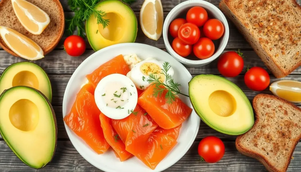 A vibrant and appetizing arrangement of salmon breakfast ingredients, featuring fresh slices of smoked salmon, fluffy scrambled eggs, ripe avocado halves, cherry tomatoes, and a sprinkle of fresh dill on a rustic wooden table, with a side of whole-grain toast and lemon wedges.