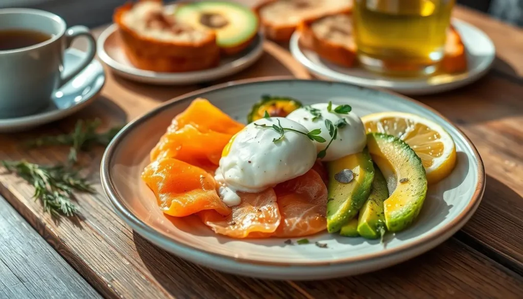 A beautifully arranged breakfast plate featuring smoked salmon, avocado slices, and a poached egg, garnished with fresh herbs and lemon wedges, set on a rustic wooden table. Soft morning light illuminating the scene, highlighting the vibrant colors and textures of the food, with a side of whole-grain toast and a cup of green tea in the background.