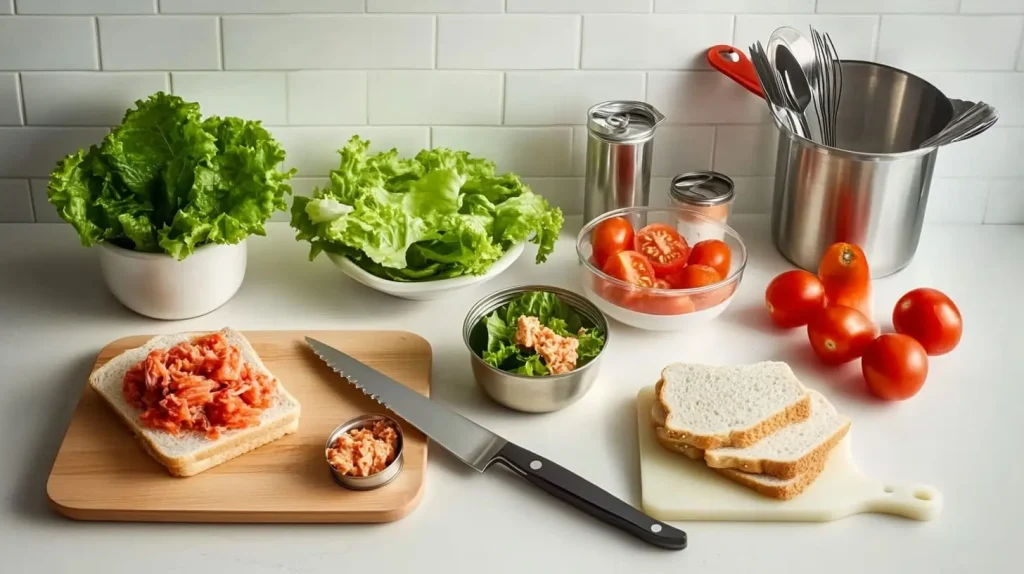 A clean and organized kitchen countertop featuring essential sandwich preparation tools: a sharp chef's knife, a cutting board, a mixing bowl, a can opener, a spatula, a measuring cup, and fresh ingredients like lettuce, tomatoes, tuna, and kimchi neatly arranged. Soft natural lighting highlights the vibrant colors of the ingredients and tools.