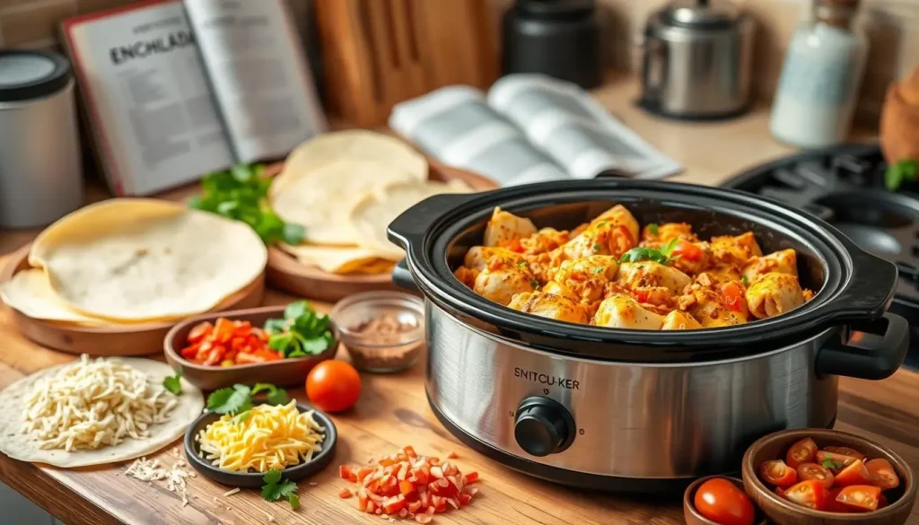 A cozy kitchen scene with a slow cooker filled with chicken enchiladas, surrounded by fresh ingredients like tortillas, shredded cheese, diced tomatoes, and spices on a wooden countertop, soft lighting creating a warm atmosphere, with cooking utensils and a recipe book in the background.