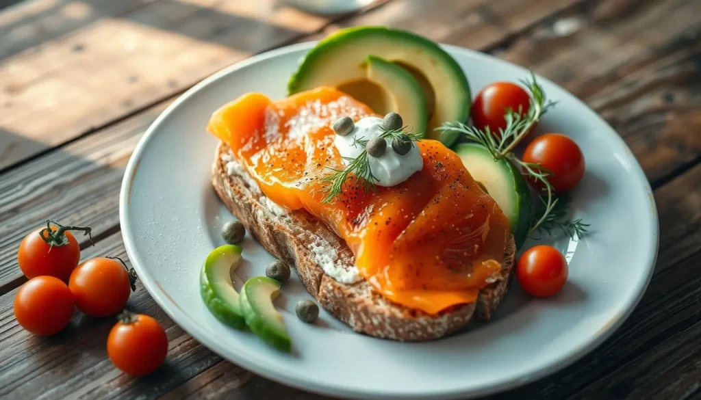 A beautifully arranged breakfast plate featuring gourmet smoked salmon on toasted artisanal bread, garnished with fresh dill, capers, and a dollop of cream cheese, surrounded by vibrant slices of avocado and cherry tomatoes, set against a soft, natural light backdrop on a rustic wooden table.