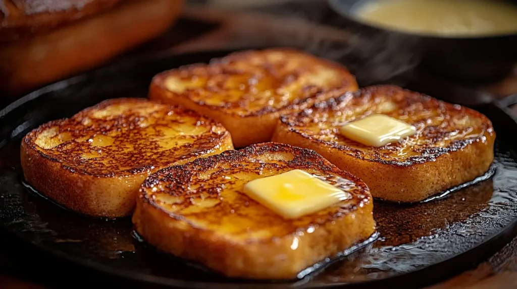 Golden-brown slices of bread cooking on a griddle, with a pat of butter melting on one slice and a spatula nearby.