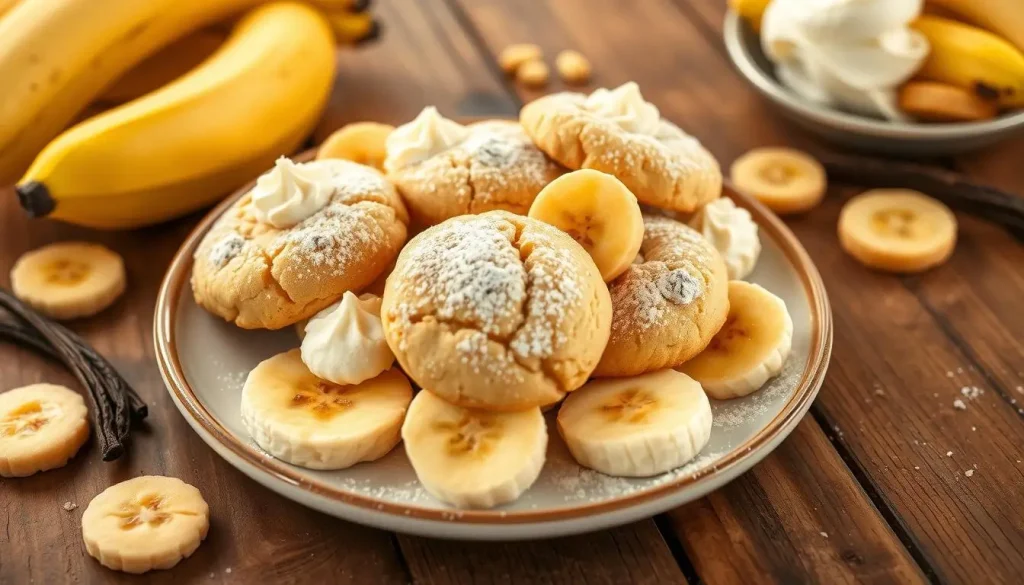 A beautifully arranged plate of Southern banana pudding cookies, showcasing soft, chewy cookies dusted with powdered sugar, surrounded by fresh banana slices and dollops of whipped cream. The scene is set on a rustic wooden table with warm, natural lighting, evoking a cozy Southern kitchen atmosphere. Add subtle hints of vanilla beans and a few cookie crumbs for a touch of charm.