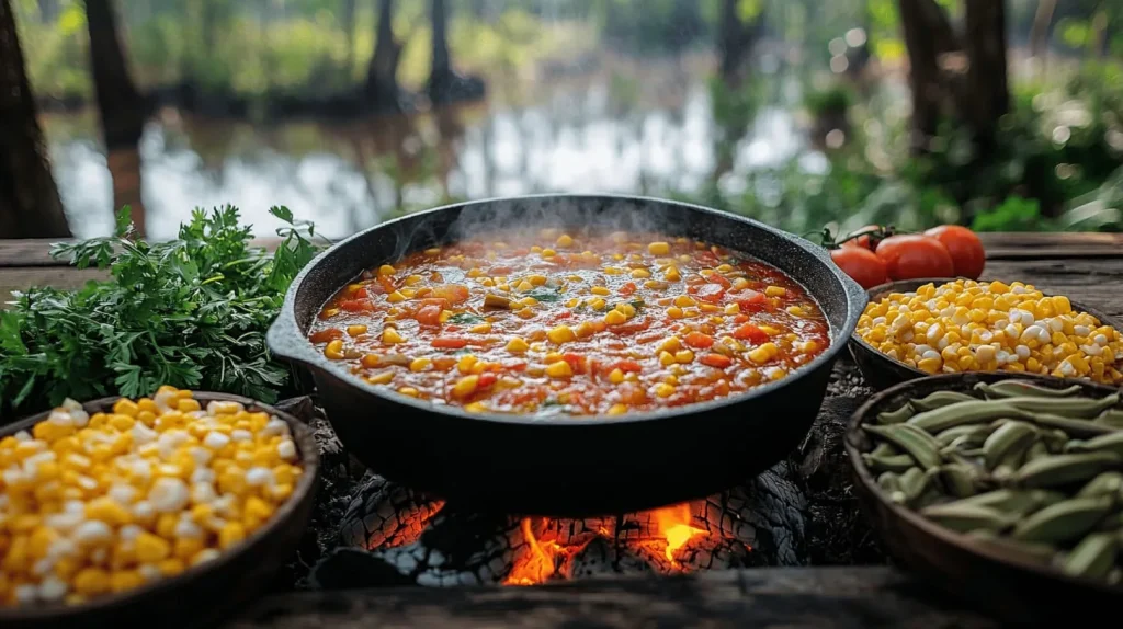 A rustic wooden table filled with an array of fresh Southern ingredients for swamp soup, including okra, corn, tomatoes, and spices, surrounded by a bubbling pot of hearty soup over a campfire, lush green swamp vegetation in the background, warm sunlight filtering through cypress trees.