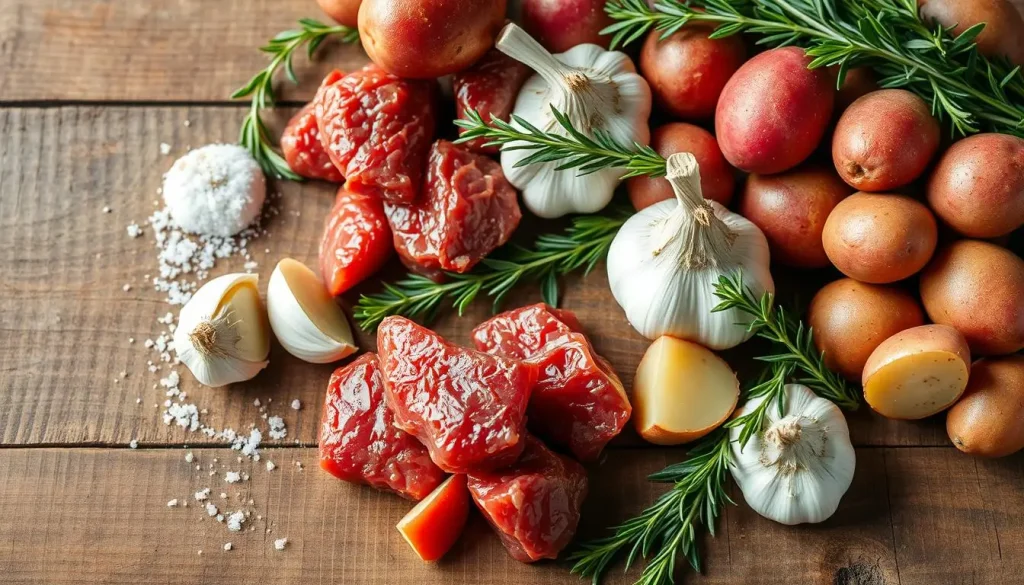A rustic wooden table showcasing an array of fresh ingredients for a steak and potatoes meal, including tender steak bites, vibrant red potatoes, aromatic garlic cloves, fresh thyme sprigs, and a sprinkle of coarse sea salt. The ingredients are beautifully arranged with some herbs scattered around, capturing a warm and inviting cooking atmosphere.