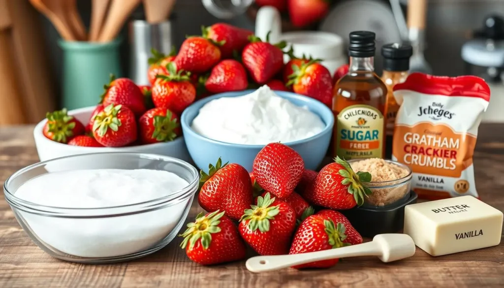 A vibrant and inviting arrangement of fresh strawberries, a block of cream cheese, a bowl of sugar, a packet of graham cracker crumbs, a stick of butter, and a splash of vanilla extract. The ingredients should be beautifully displayed on a rustic wooden kitchen countertop, surrounded by a soft focus of kitchen utensils and baking supplies.