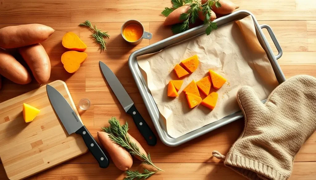 An assortment of sweet potato baking tools arranged aesthetically on a wooden kitchen countertop, featuring a sharp knife, a cutting board, a vegetable peeler, a baking sheet with parchment paper, measuring cups, and a cozy oven mitt, surrounded by fresh sweet potatoes and herbs, warm natural lighting.