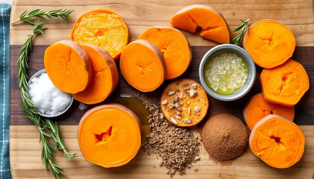 An array of vibrant ingredients for baked sweet potato slices, featuring fresh orange sweet potatoes, a sprinkle of sea salt, a drizzle of olive oil, and a dash of ground cinnamon, arranged artfully on a rustic wooden cutting board, surrounded by fresh herbs like rosemary and thyme.
