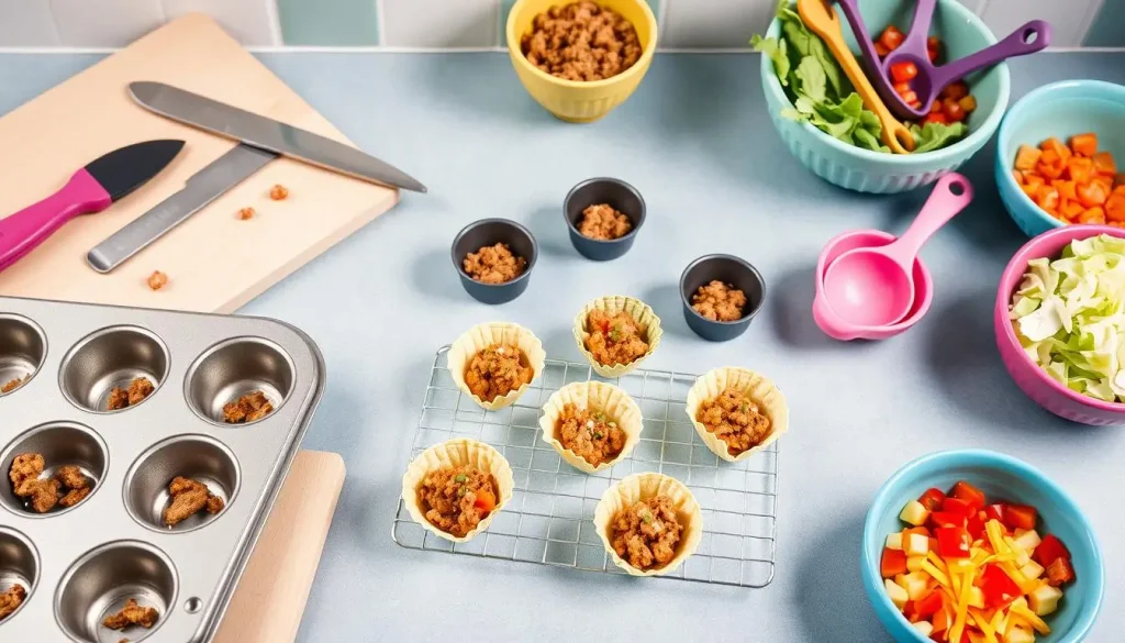 A vibrant kitchen countertop featuring essential tools for making taco appetizer bites: a muffin tin, mini taco-shaped molds, a sharp knife, a cutting board, measuring spoons, colorful mixing bowls, and an assortment of fresh ingredients like ground meat, cheese, diced tomatoes, and lettuce. The scene is bright and inviting, highlighting the fun and creativity of preparing party snacks.