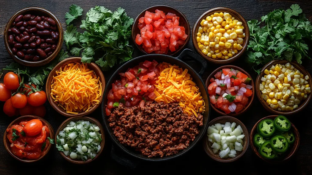 A vibrant and colorful spread of taco bake ingredients, featuring ground beef in a skillet, shredded cheese in various types, fresh diced tomatoes, black beans, corn, chopped onions, sliced jalapeños, and a small bowl of taco seasoning. Arrange everything artfully on a rustic wooden table with a few cilantro sprigs for garnish, showcasing the textures and colors of each ingredient under soft natural light.