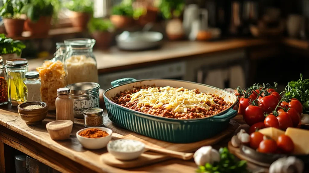 A vibrant kitchen scene featuring essential tools for making taco bake. Include a large mixing bowl, a wooden spoon, measuring cups, a can opener, and a baking dish. Surround the utensils with fresh ingredients like ground beef, cheese, tomatoes, and taco seasoning. The countertop is cluttered but organized, showcasing a cheerful, homey atmosphere with warm lighting.