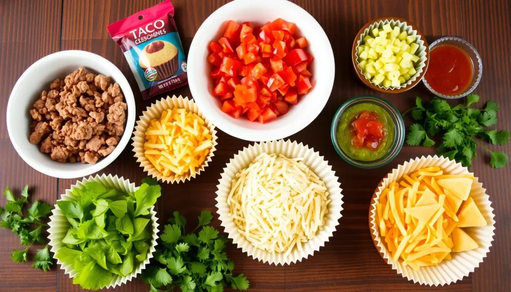 A vibrant and colorful display of taco cupcake ingredients arranged aesthetically on a wooden table: ground beef in a bowl, shredded cheese, diced tomatoes, chopped lettuce, taco seasoning packets, mini cupcake liners, and small bowls of salsa and guacamole, surrounded by fresh cilantro and lime wedges, with a soft natural light illuminating the scene.