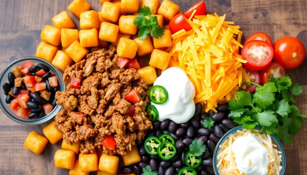 A vibrant and colorful arrangement of ingredients for Taco Tater Tot Casserole, featuring golden crispy tater tots, seasoned ground beef with taco spices, diced tomatoes, black beans, shredded cheddar cheese, sliced jalapeños, fresh cilantro, and a dollop of sour cream. The background should be a rustic wooden table to enhance the homely and inviting feel of the dish.
