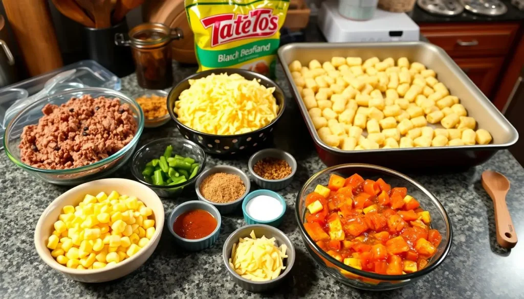 A colorful kitchen countertop with ingredients for Taco Tater Tot Casserole: seasoned ground beef, black beans, corn, diced tomatoes, and a variety of spices. A bowl of shredded cheese, a bag of tater tots, and a baking dish ready for assembly. Utensils scattered around, including a wooden spoon and measuring cups, all set in a warm, inviting atmosphere with soft lighting.