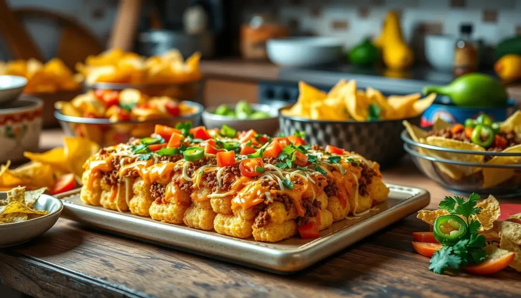 A vibrant kitchen scene featuring a delicious taco tater tot casserole, with layers of melted cheese, ground beef, and colorful toppings like tomatoes, jalapeños, and cilantro. The casserole is placed on a rustic wooden table surrounded by family-style serving dishes, tortilla chips, and fresh ingredients ready for a festive dinner. Soft lighting creates a warm and inviting atmosphere, highlighting the comforting home-cooked meal.