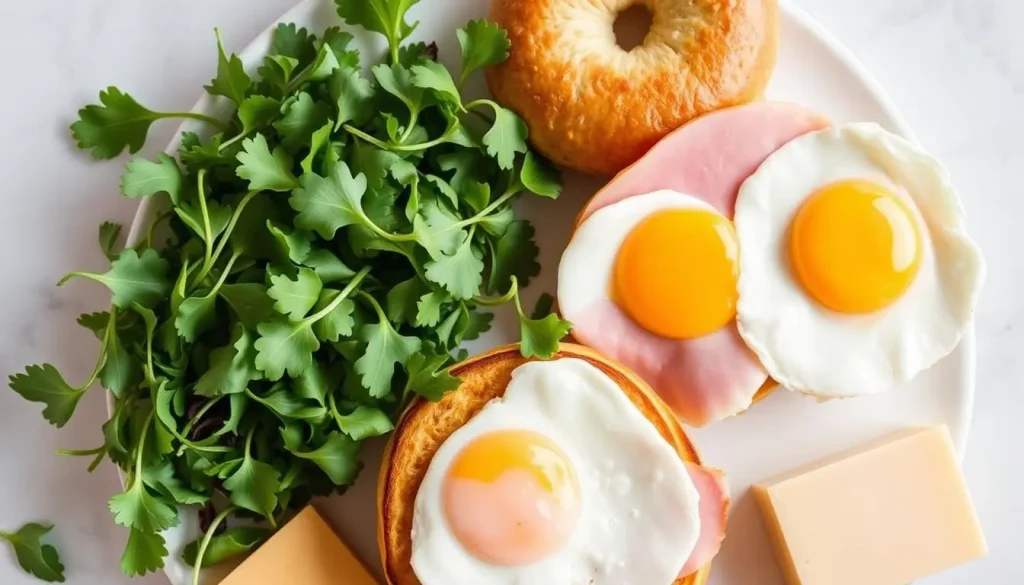 A beautifully arranged display of essential ingredients for a Taylor ham, egg, and cheese sandwich: golden-brown sliced Taylor ham, freshly cracked sunny-side-up eggs, melted cheddar cheese, soft toasted bagel or roll, and fresh greens like arugula or spinach, with a light background that emphasizes the colors and textures of the ingredients.