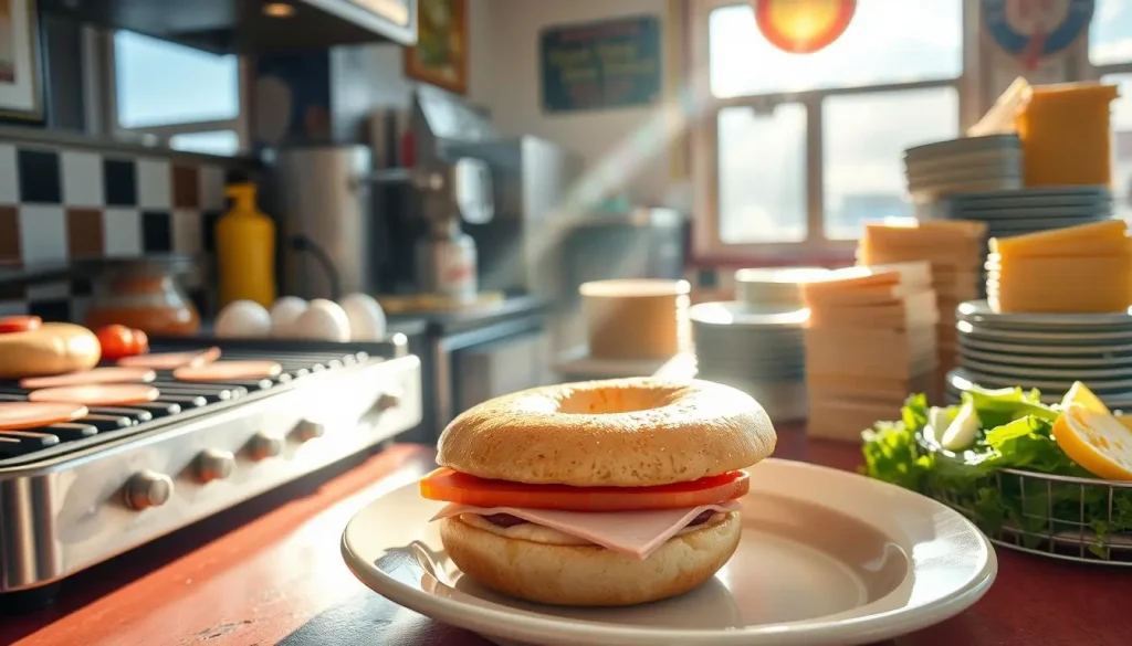 A rustic New Jersey diner setting in the early morning, featuring a counter with a sizzling Taylor ham on a grill, fresh eggs frying, and a stack of cheese ready for melting. Sunlight streaming through the window, highlighting a plate of a classic breakfast sandwich with an iconic round Taylor ham patty, nestled between a toasted bagel, with piles of fresh ingredients around. Lively atmosphere capturing the essence of a bustling breakfast scene.