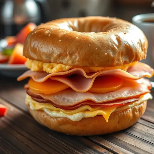 A delicious New Jersey breakfast sandwich featuring layers of crispy Taylor ham, fluffy scrambled eggs, and melty cheese, all nestled between two golden, toasted bagels. The sandwich is presented on a rustic wooden table, with a side of fresh fruit and a steaming cup of coffee. Soft morning light casts a warm glow over the scene, highlighting the texture of the ingredients.