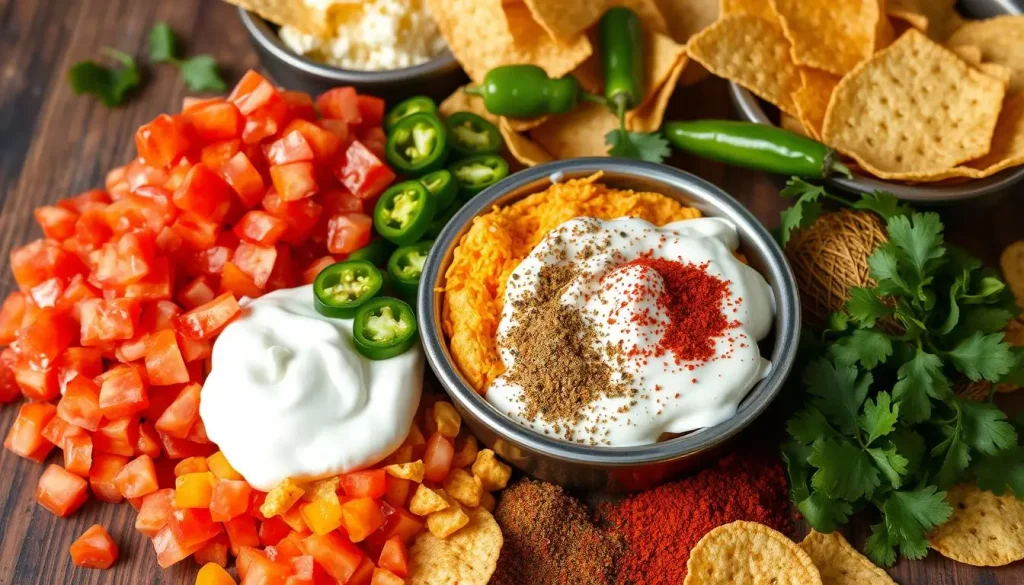 A colorful and vibrant display of Texas Trash Dip ingredients, featuring fresh diced tomatoes, creamy velvety cheese, rich sour cream, zesty jalapeños, fragrant spices, and crispy tortilla chips arranged artfully on a rustic wooden table. The scene captures the essence of a lively party atmosphere with an inviting texture and rich colors.
