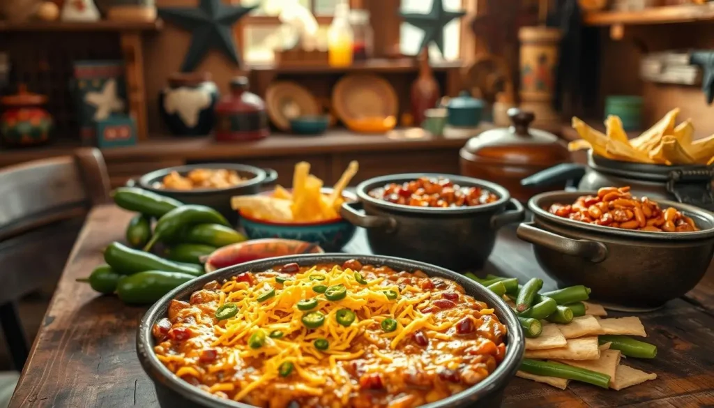A rustic Texan kitchen setting with a vibrant spread of ingredients for Texas Trash Dip, including melted cheese, jalapeños, and beans, an old wooden table adorned with traditional Tex-Mex cookware, sun-drenched southwestern decor in the background, capturing the essence of Texas heritage and home-cooked flavors.