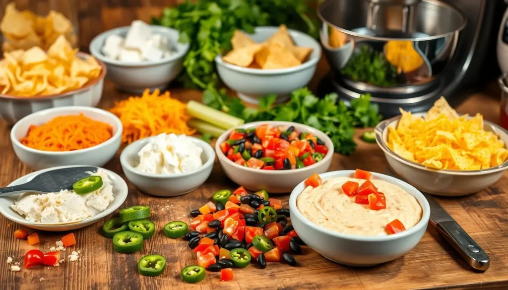 A vibrant kitchen scene showcasing the preparation of Texas Trash Dip, with a variety of colorful ingredients like cream cheese, shredded cheddar, spicy jalapeños, black beans, and diced tomatoes scattered on a rustic wooden countertop. Includes mixing bowls, a spatula, and an electric mixer in action, with fresh cilantro and tortilla chips in the background for a festive touch. The lighting is warm and inviting, highlighting the textures and colors of the ingredients.